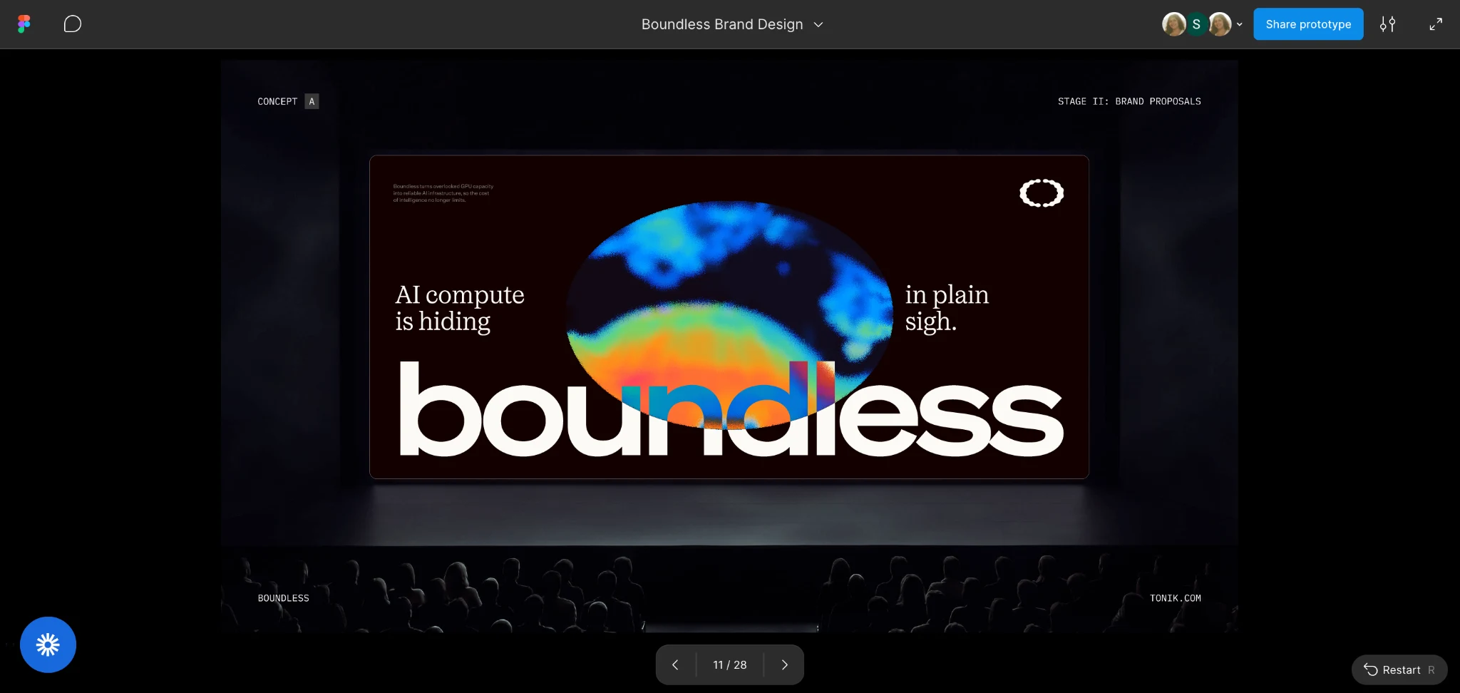 Early Boundless brand exploration using a dark auditorium, thermal imagery, and oversized typography