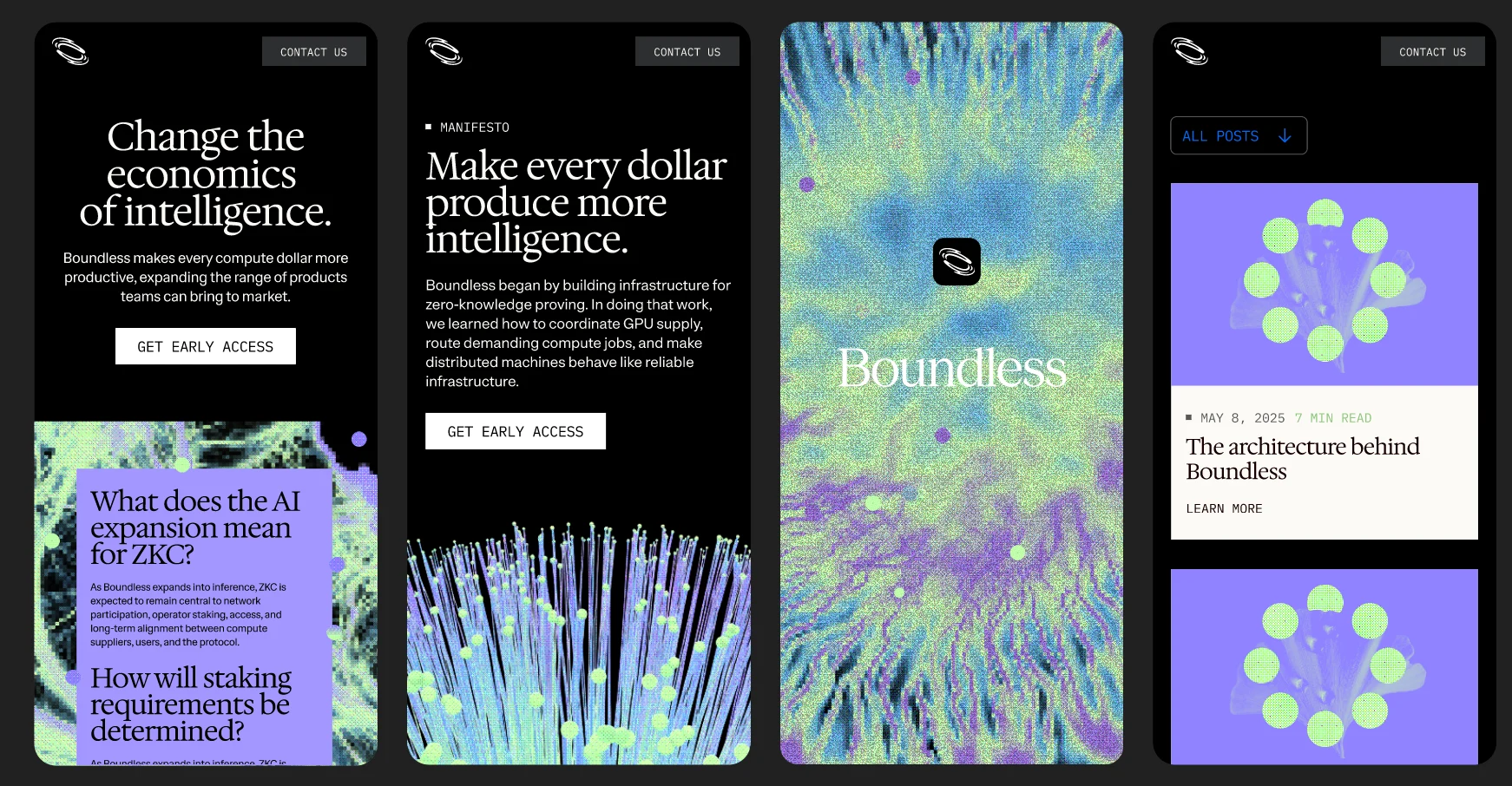 Second Boundless identity exploration showing dark interfaces, natural forms, and dithered imagery