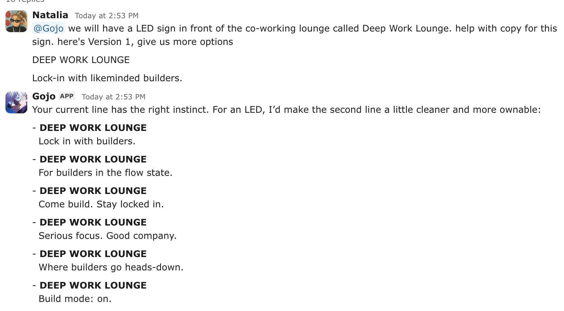 A Boundless events lead asking Gojo for event signage copy options inside a Slack thread