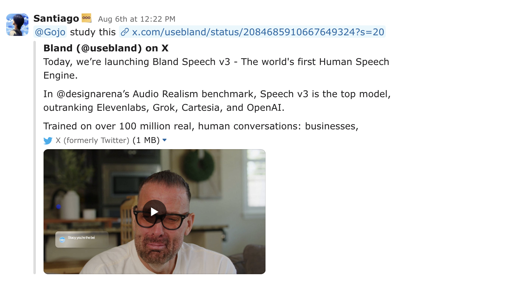 A Slack message asking Gojo to study a linked product launch announcement