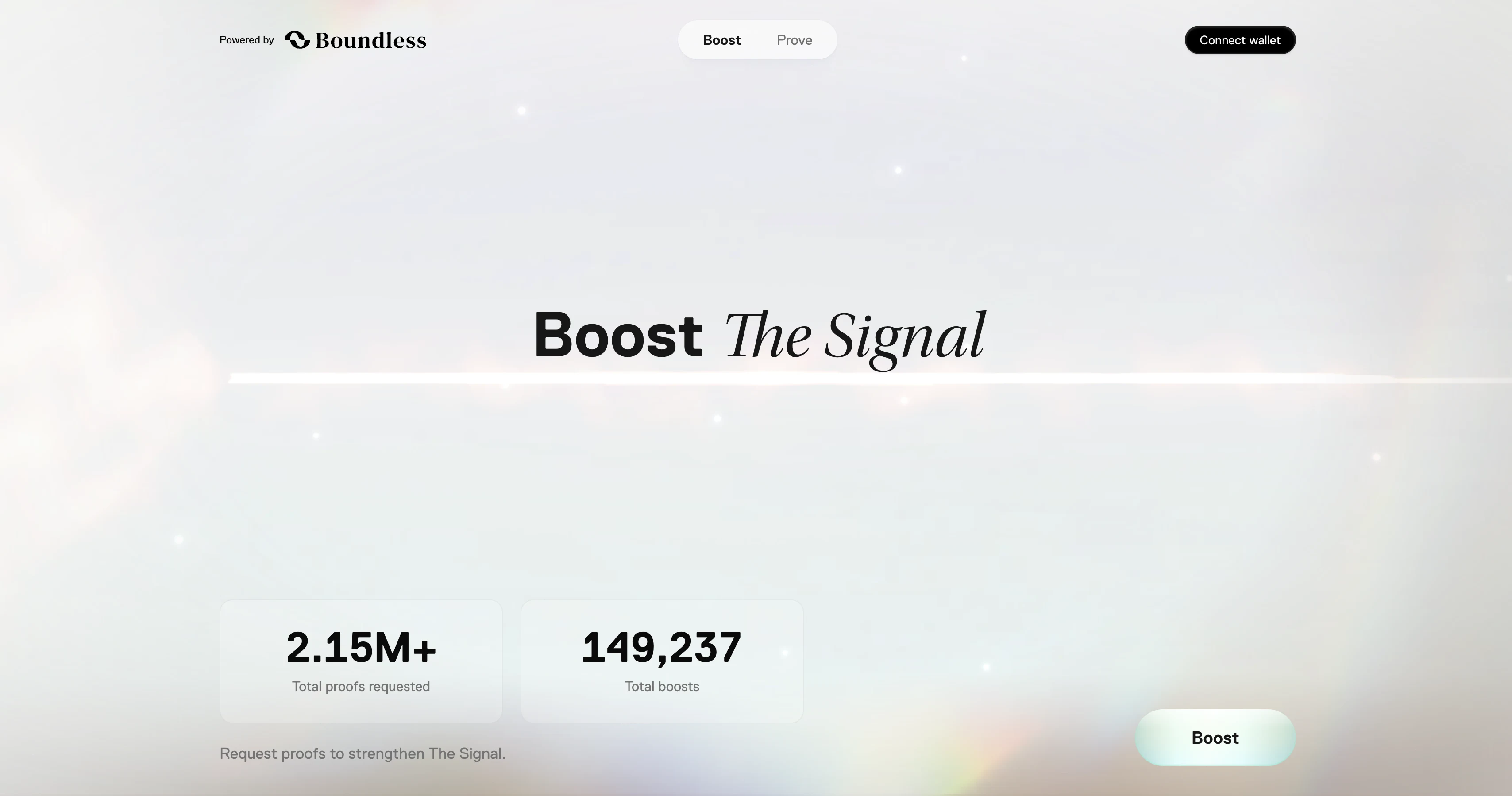 Boost The Signal interface showing total proof requests and community boosts